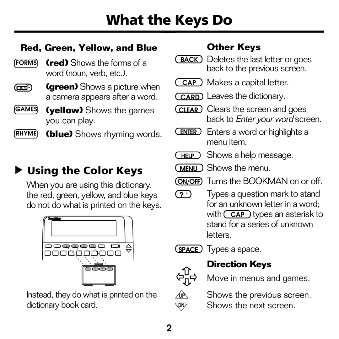 Franklin CED-2031 manual What the Keys Do, Using the Color Keys, Red, Green, Yellow, and Blue, Other Keys, Direction Keys 