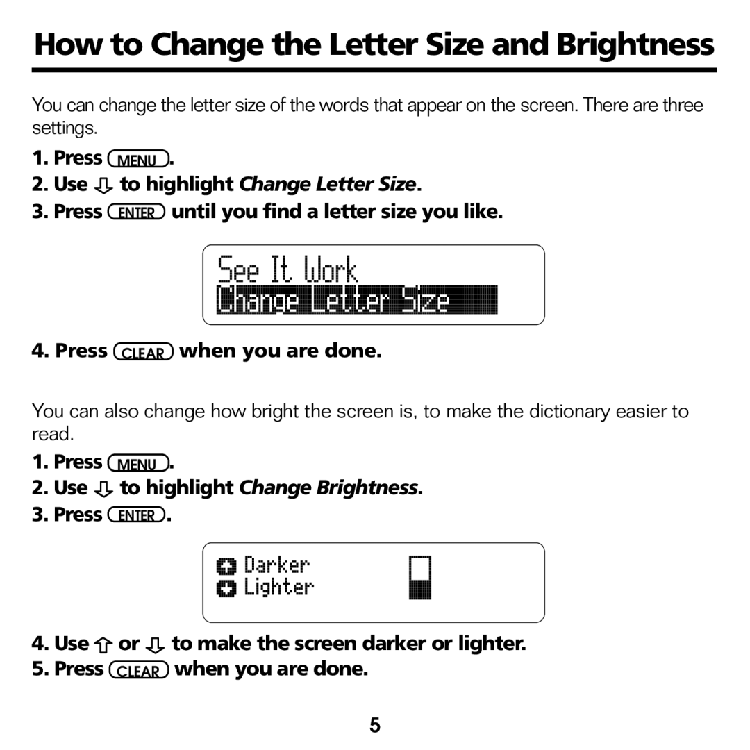 Franklin CED-2031 manual How to Change the Letter Size and Brightness, Press 