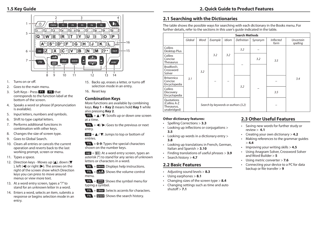 Franklin DMQ-2100 manual Basic Features, Other Useful Features, Combination Keys, Other dictionary features 