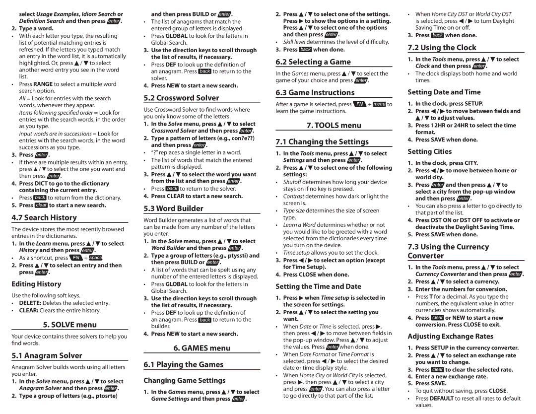 Franklin Colins Speaking Reference Library Search History, Solve menu, Anagram Solver, Crossword Solver, Word Builder 