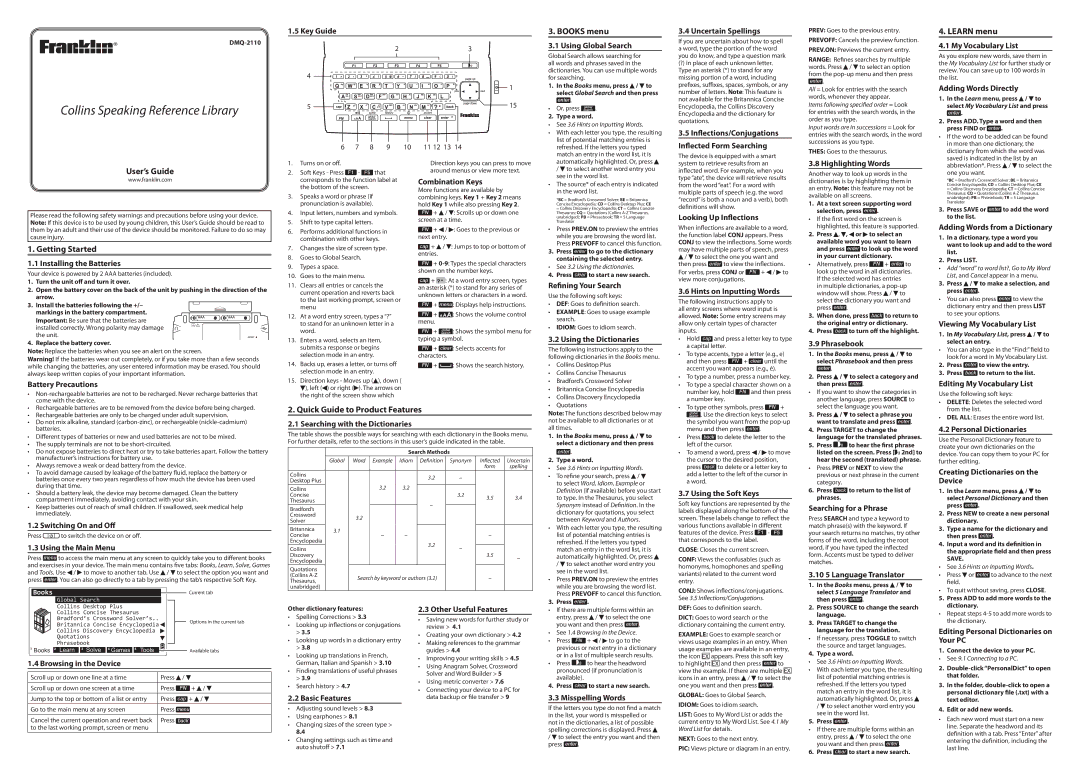 Franklin Collins Speaking Reference Library, DMQ-2110 manual Books menu, Learn menu, User’s Guide, Getting Started 