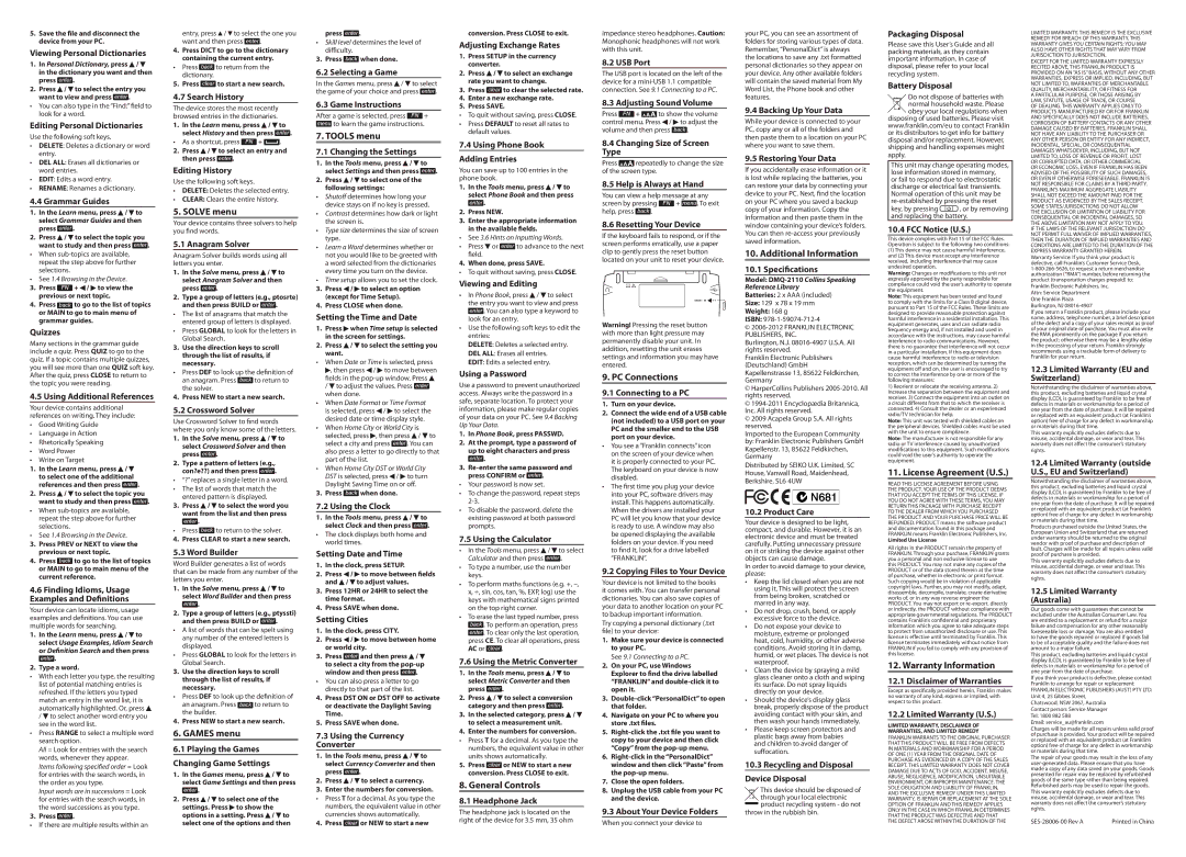 Franklin DMQ-2110 manual Solve menu, Games menu, Tools menu, General Controls, PC Connections, Additional Information 
