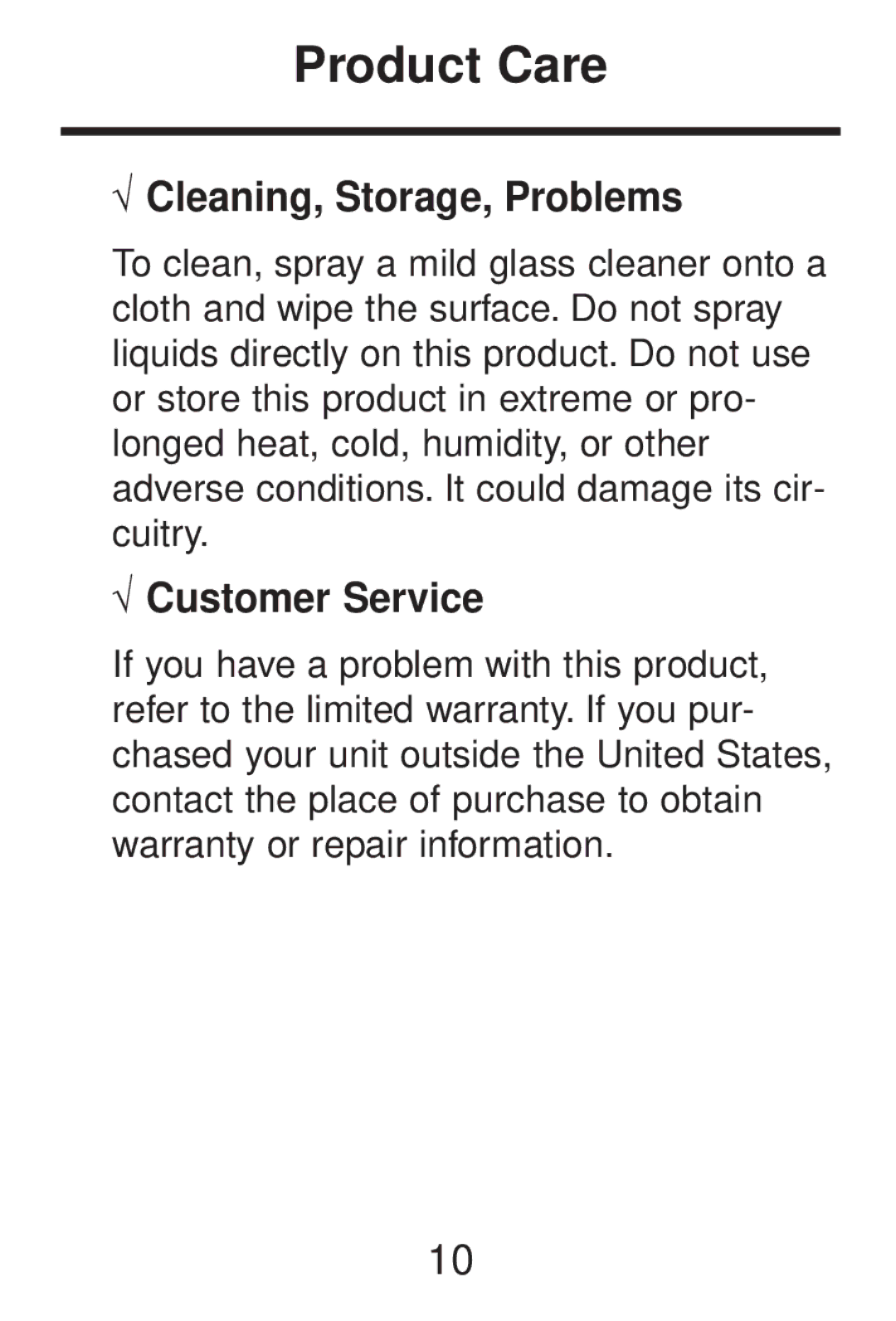 Franklin CWP-206 manual Product Care, √ Cleaning, Storage, Problems, √ Customer Service 