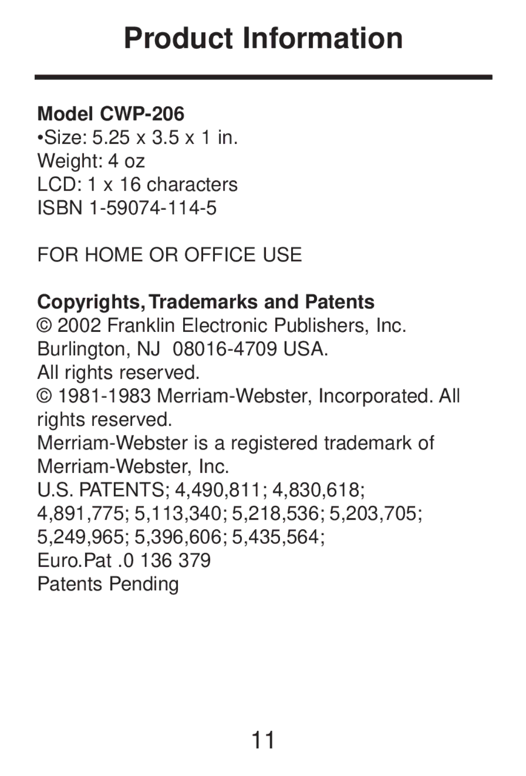 Franklin CWP-206 manual Product Information, Copyrights, Trademarks and Patents 