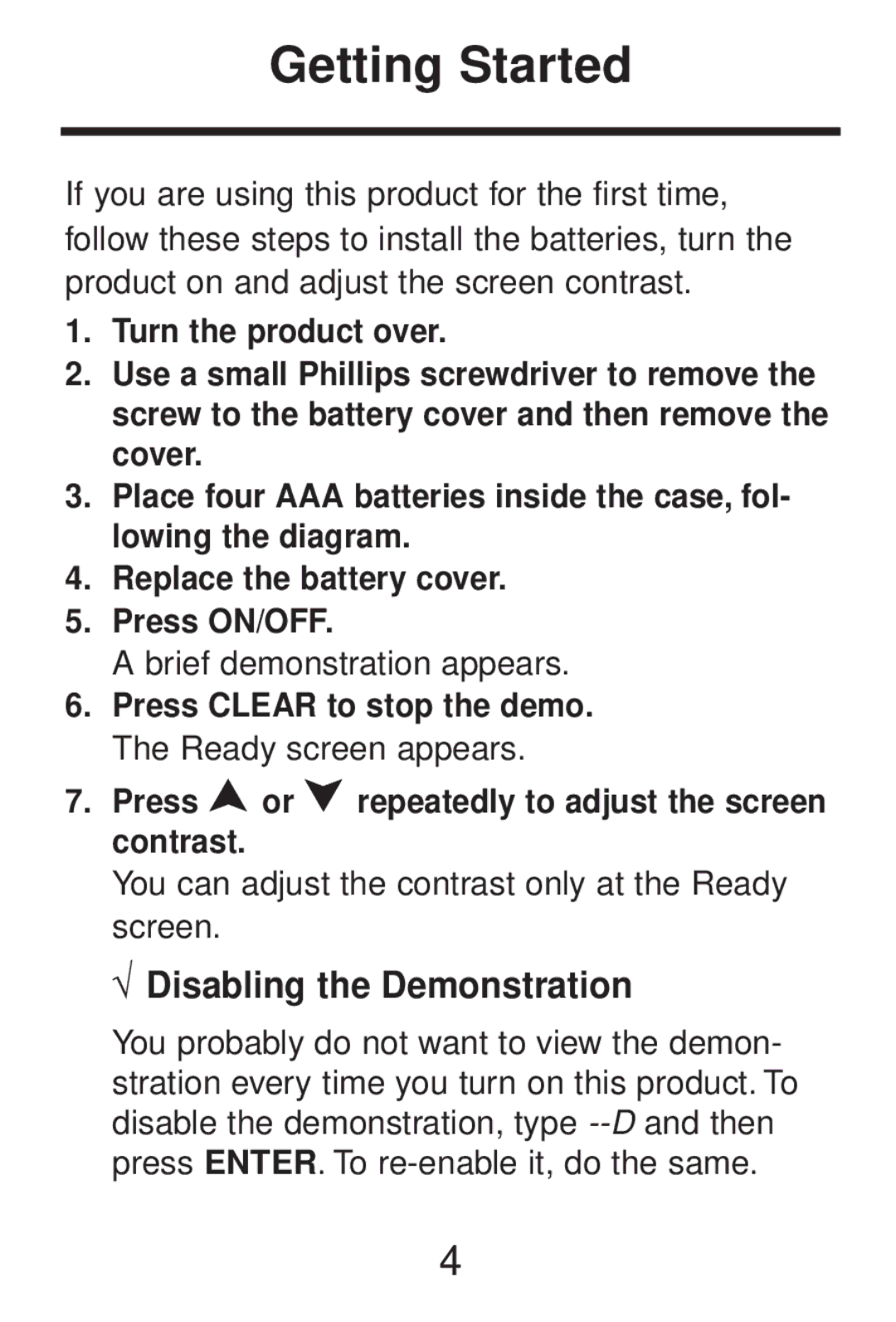 Franklin CWP-206 manual Getting Started, √ Disabling the Demonstration 