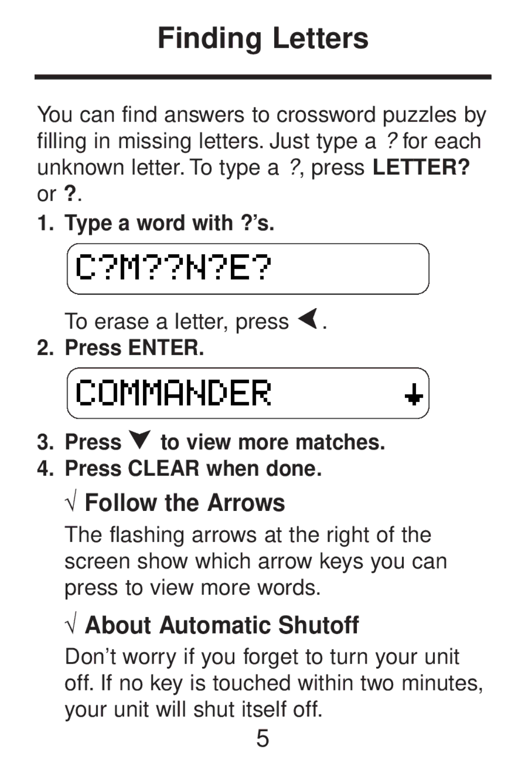 Franklin CWP-206 manual Finding Letters, √ Follow the Arrows, √ About Automatic Shutoff 