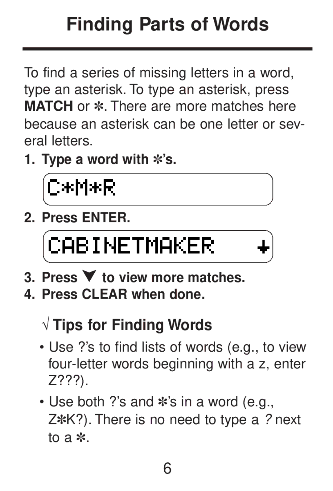 Franklin CWP-206 manual Finding Parts of Words, √ Tips for Finding Words 