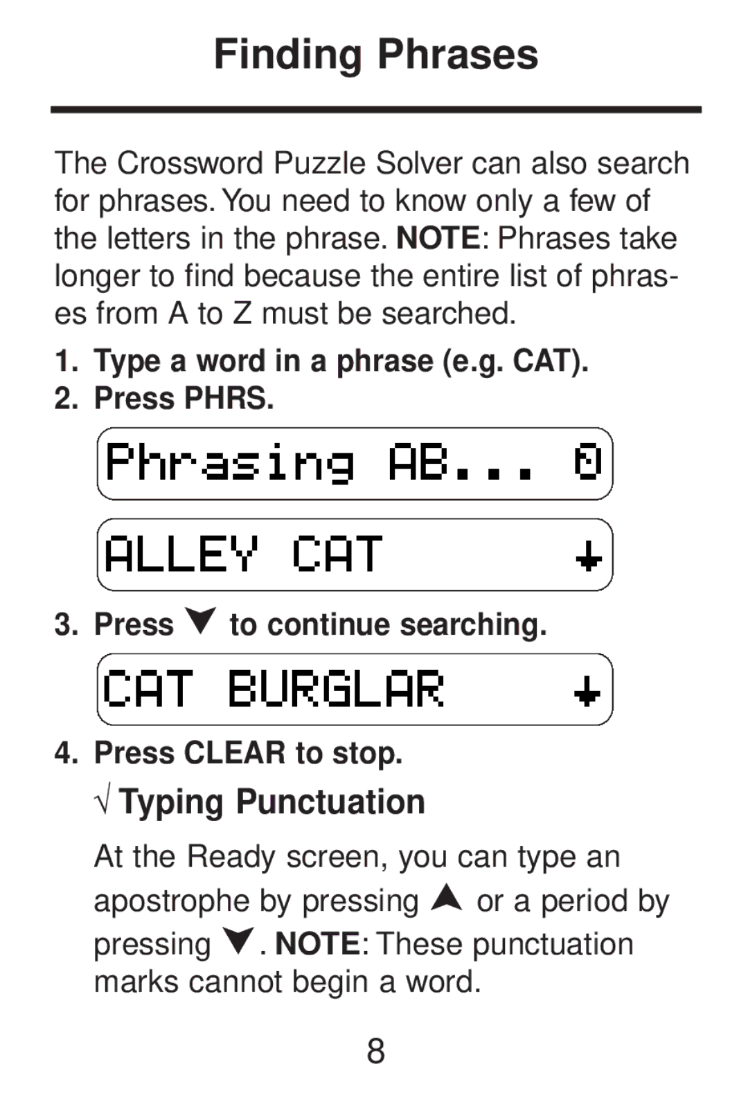 Franklin CWP-206 manual Finding Phrases, √ Typing Punctuation 