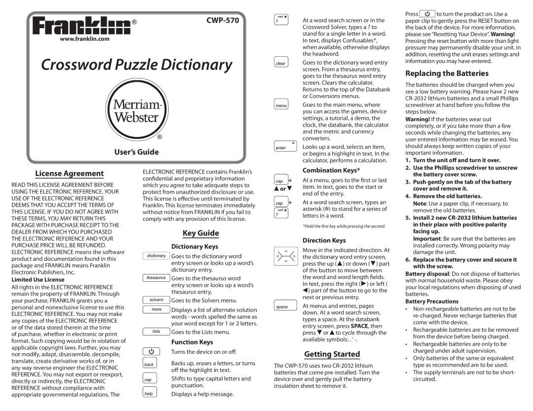 Franklin CWP-570 manual User’s Guide, Replacing the Batteries, License Agreement, Key Guide, Getting Started 