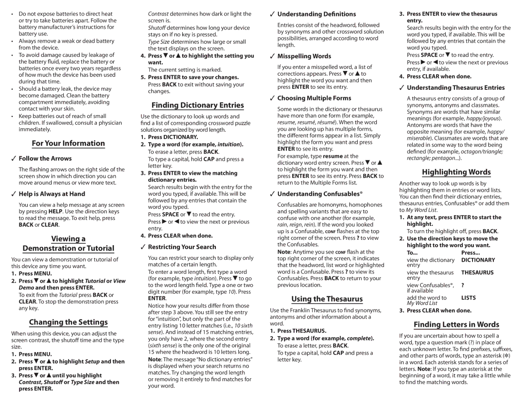 Franklin CWP-570 For Your Information, Viewing a Demonstration or Tutorial, Changing the Settings, Using the Thesaurus 