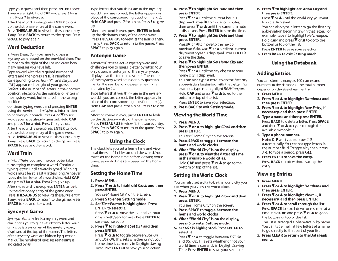 Franklin CWP-570 manual Word Deduction, Word Train, Synonym Game, Antonym Game, Using the Clock, Setting the Home Time 