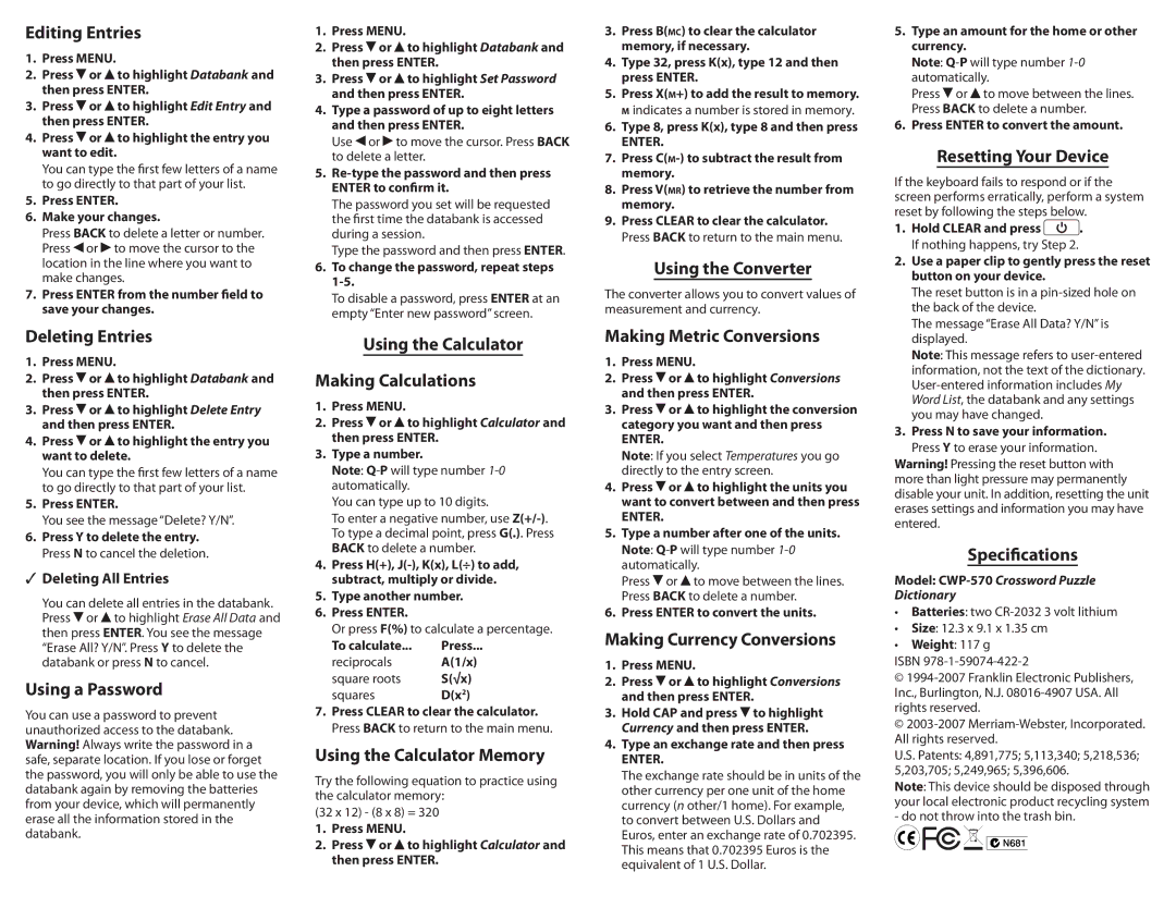 Franklin CWP-570 manual Editing Entries, Deleting Entries, Using a Password, Using the Calculator Making Calculations 