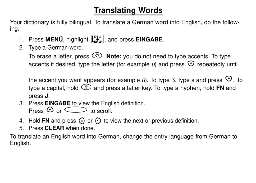 Franklin DBD-1450 manual Translating Words 