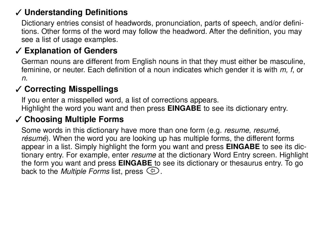 Franklin DBD-1450 Understanding Definitions, Explanation of Genders, Correcting Misspellings, Choosing Multiple Forms 