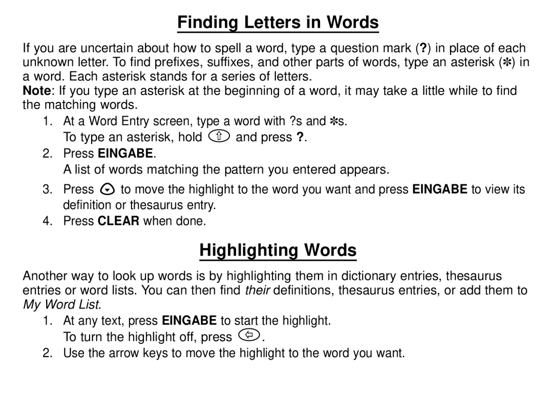 Franklin DBD-1450 manual Finding Letters in Words, Highlighting Words 