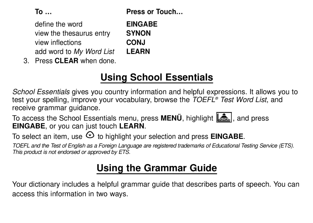 Franklin DBD-1450 manual Using School Essentials, Using the Grammar Guide, To …, Synon, Conj, Learn, Eingabe 