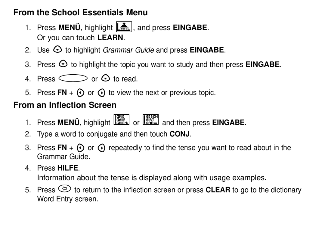 Franklin DBD-1450 manual From the School Essentials Menu, From an Inflection Screen 