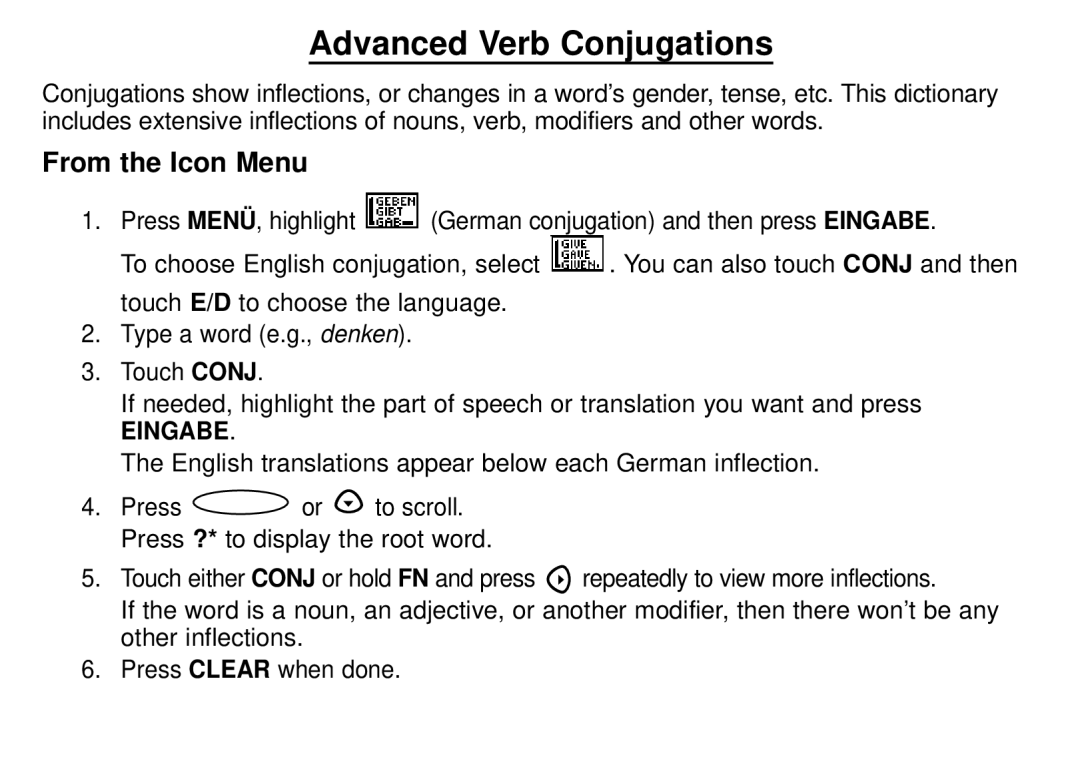Franklin DBD-1450 manual Advanced Verb Conjugations, From the Icon Menu, Eingabe 