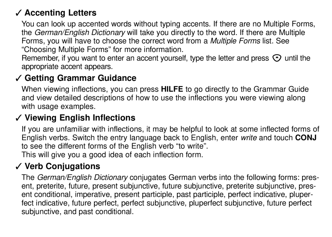 Franklin DBD-1450 manual Accenting Letters, Getting Grammar Guidance, Viewing English Inflections, Verb Conjugations 