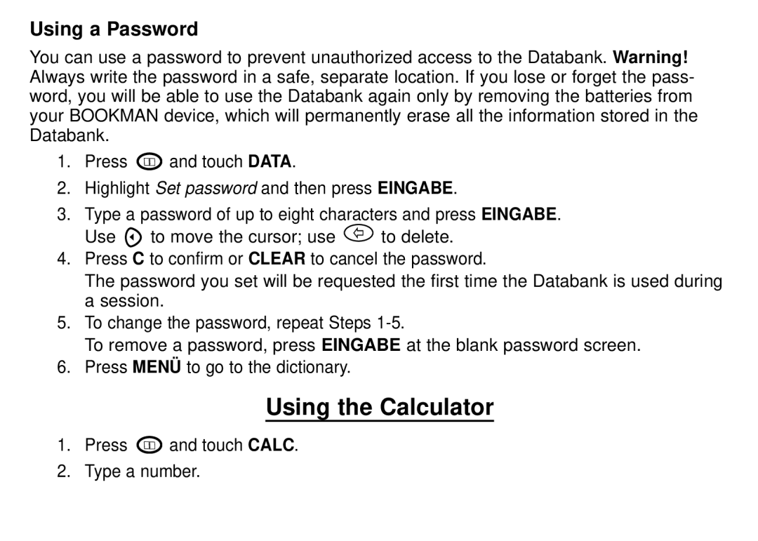 Franklin DBD-1450 manual Using the Calculator, Using a Password 