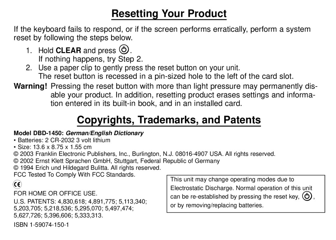 Franklin DBD-1450 manual Resetting Your Product, Copyrights, Trademarks, and Patents 
