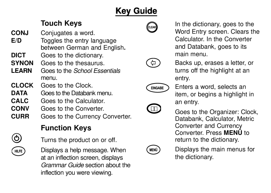 Franklin DBD-1450 manual Key Guide, Touch Keys, Function Keys 