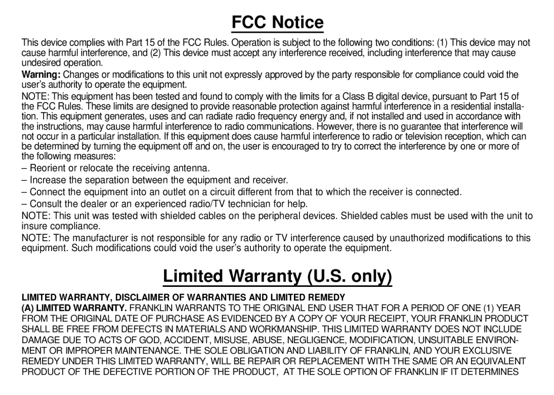 Franklin DBD-1450 FCC Notice, Limited Warranty U.S. only, Limited Warranty, Disclaimer Of Warranties And Limited Remedy 