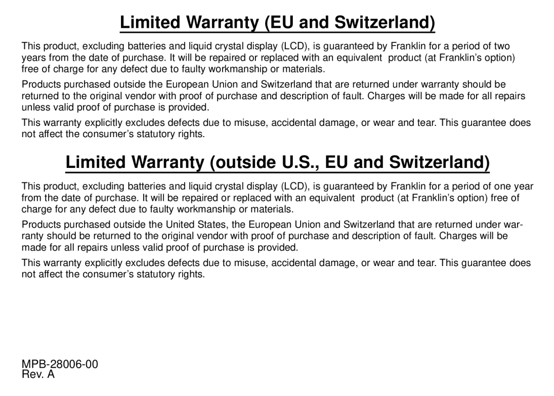 Franklin DBD-1450 manual Limited Warranty EU and Switzerland, Limited Warranty outside U.S., EU and Switzerland 