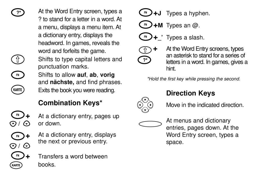 Franklin DBD-1450 manual Combination Keys, Direction Keys 