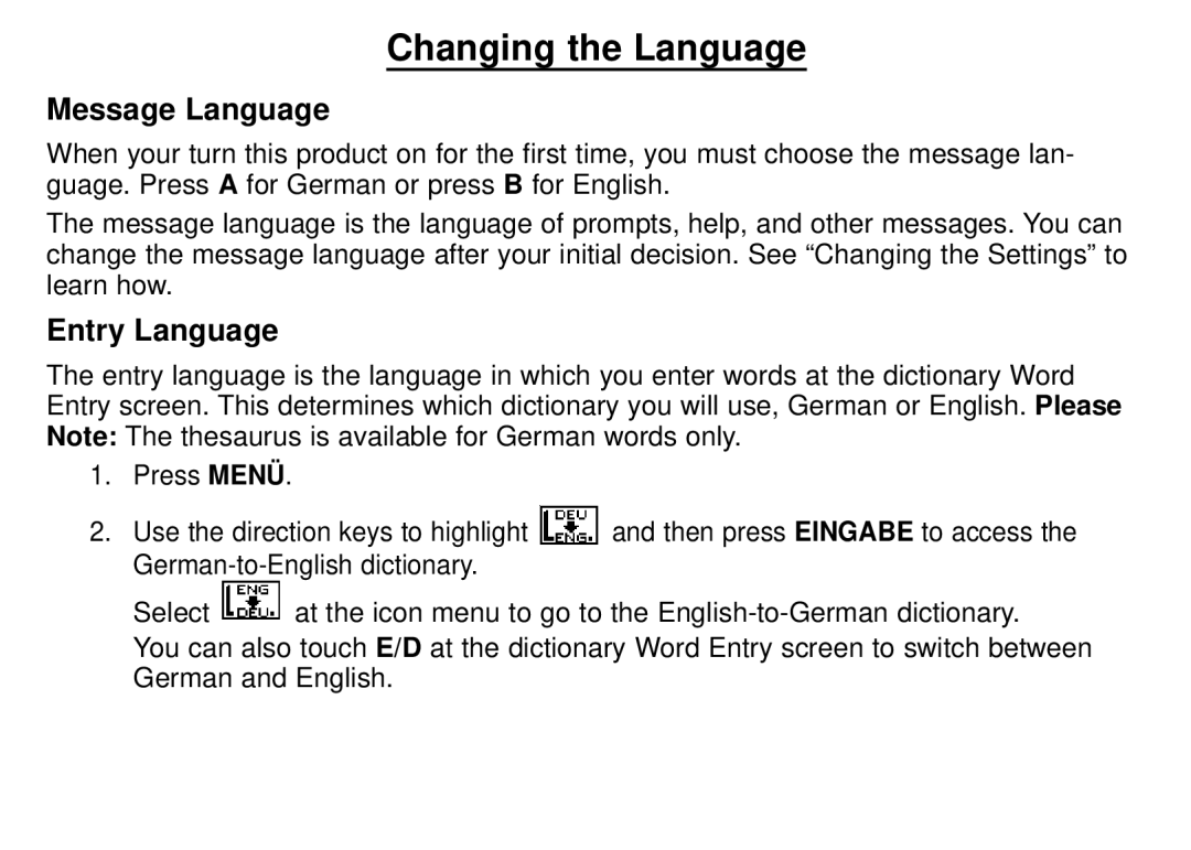 Franklin DBD-1450 manual Changing the Language, Message Language, Entry Language 