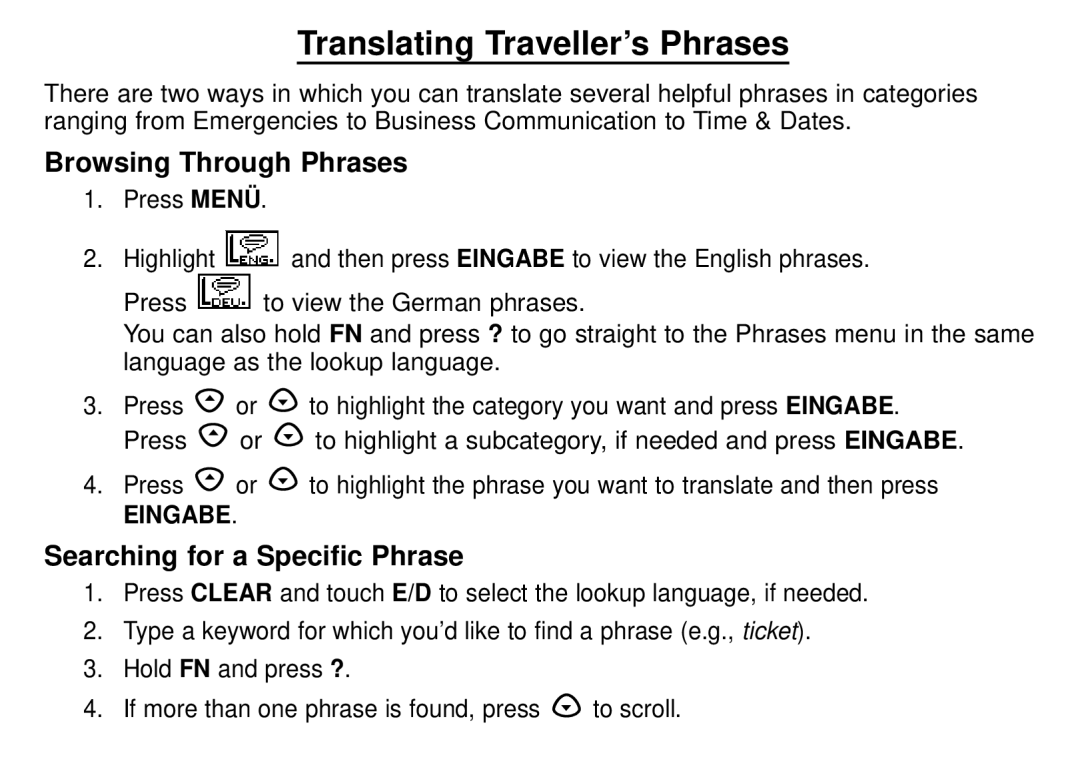 Franklin DBD-1450 manual Translating Traveller’s Phrases, Browsing Through Phrases, Searching for a Specific Phrase 