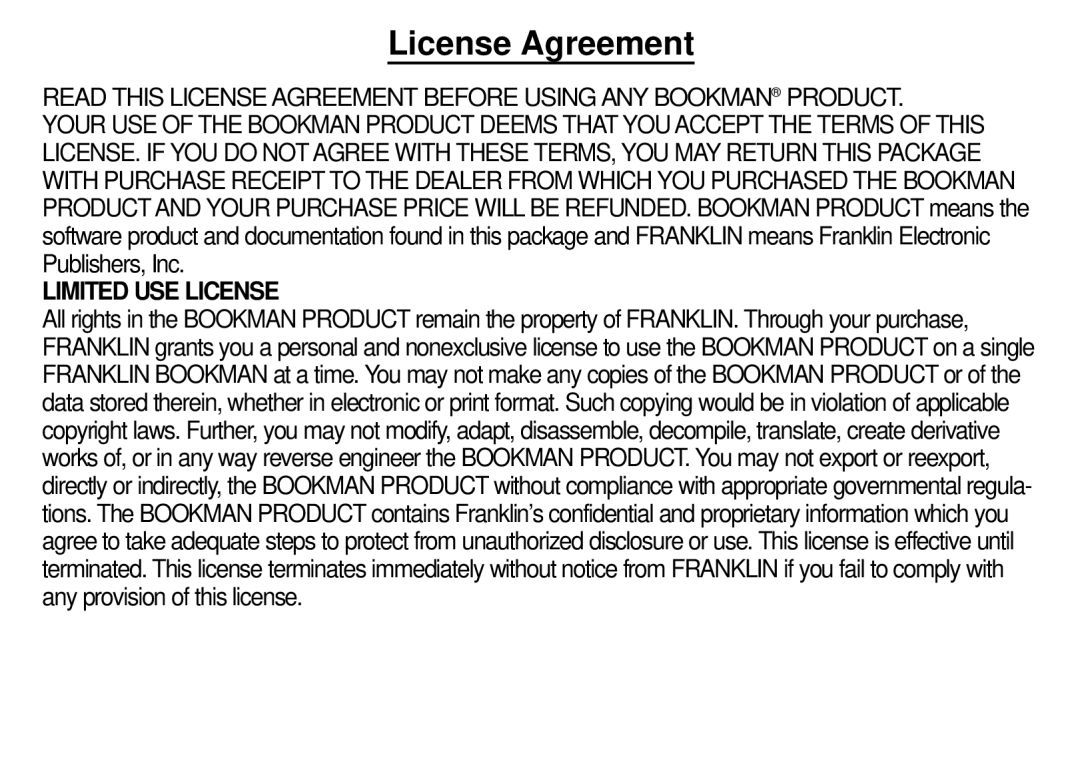 Franklin DBD-1450 manual License Agreement, Limited USE License 