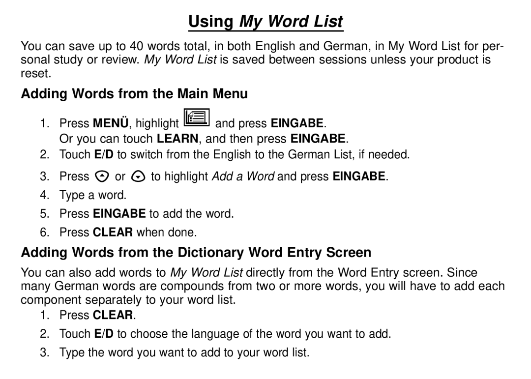 Franklin DBD-1450 manual Adding Words from the Main Menu, Adding Words from the Dictionary Word Entry Screen 