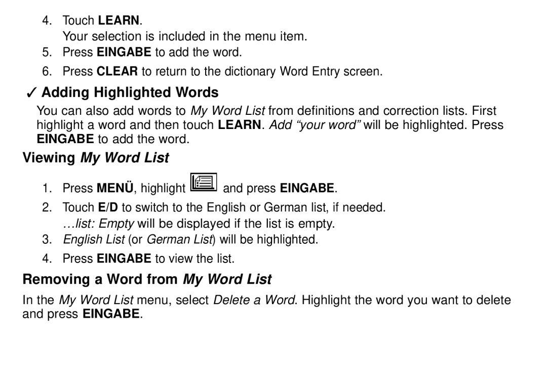 Franklin DBD-1450 manual Adding Highlighted Words, Removing a Word from My Word List 