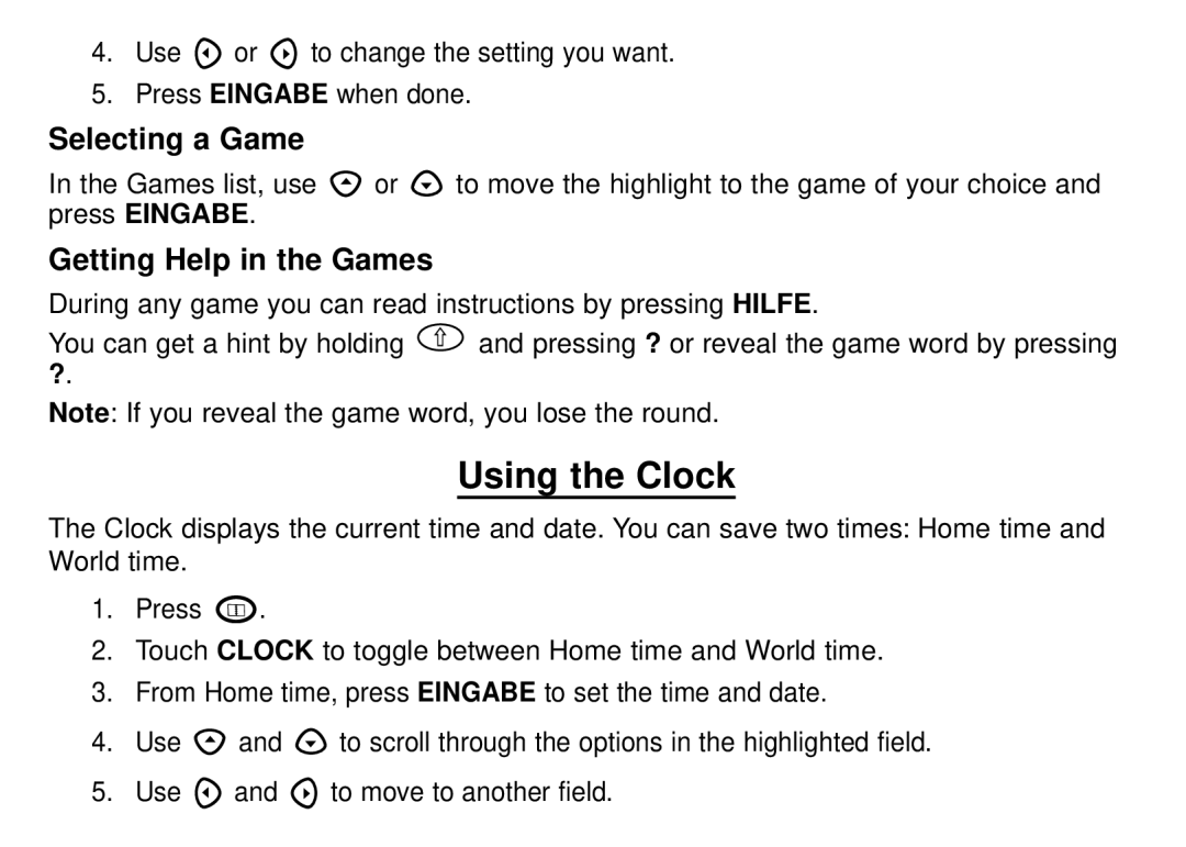 Franklin DBD-1450 manual Using the Clock, Selecting a Game, Getting Help in the Games 