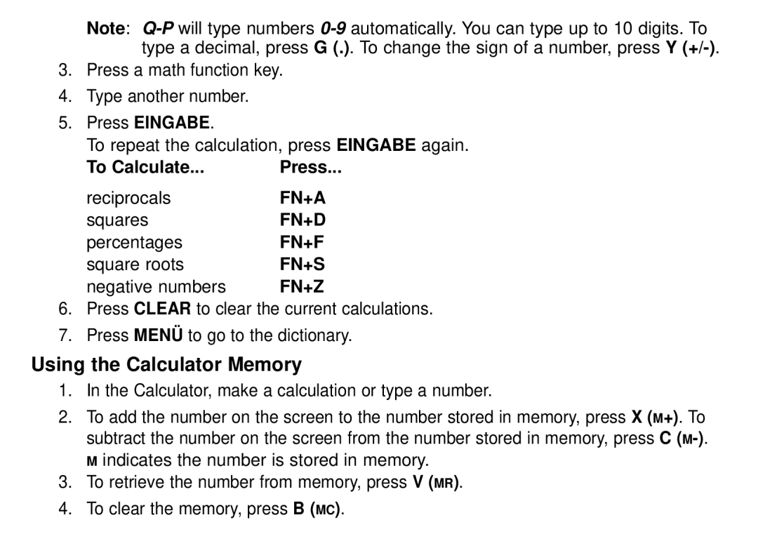 Franklin DBD-1450 manual Using the Calculator Memory 