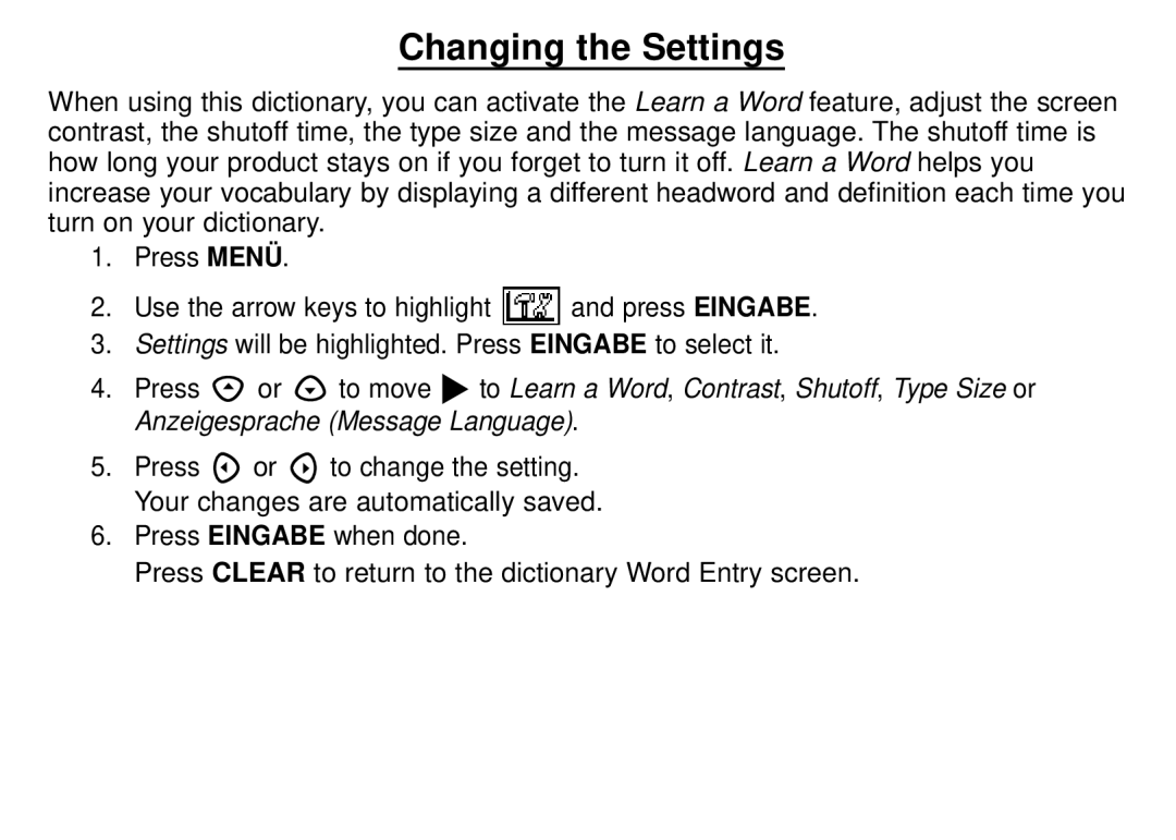 Franklin DBD-1450 manual Changing the Settings 