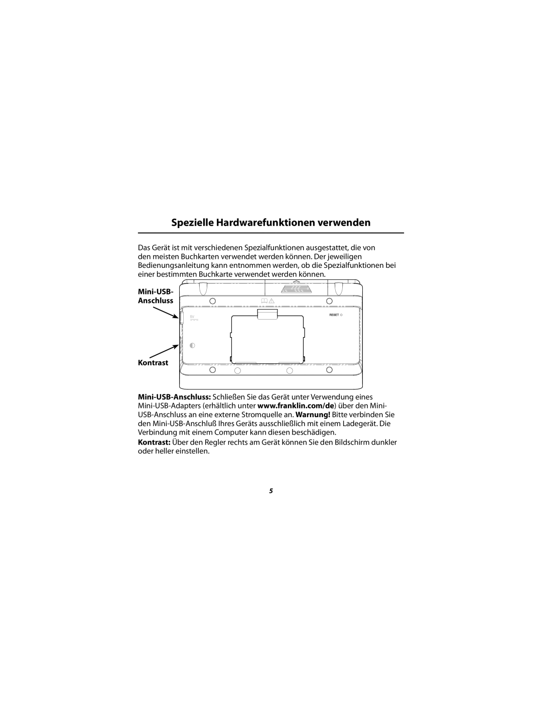 Franklin DBD-1680, Language Professor manual Spezielle Hardwarefunktionen verwenden, Mini-USB Anschluss Kontrast 