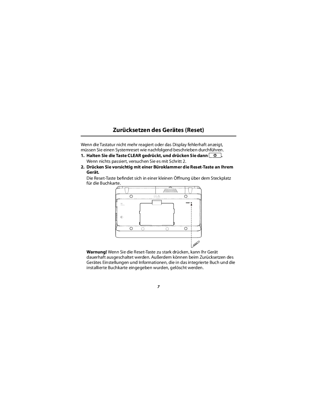 Franklin DBD-1680, Language Professor manual Zurücksetzen des Gerätes Reset 