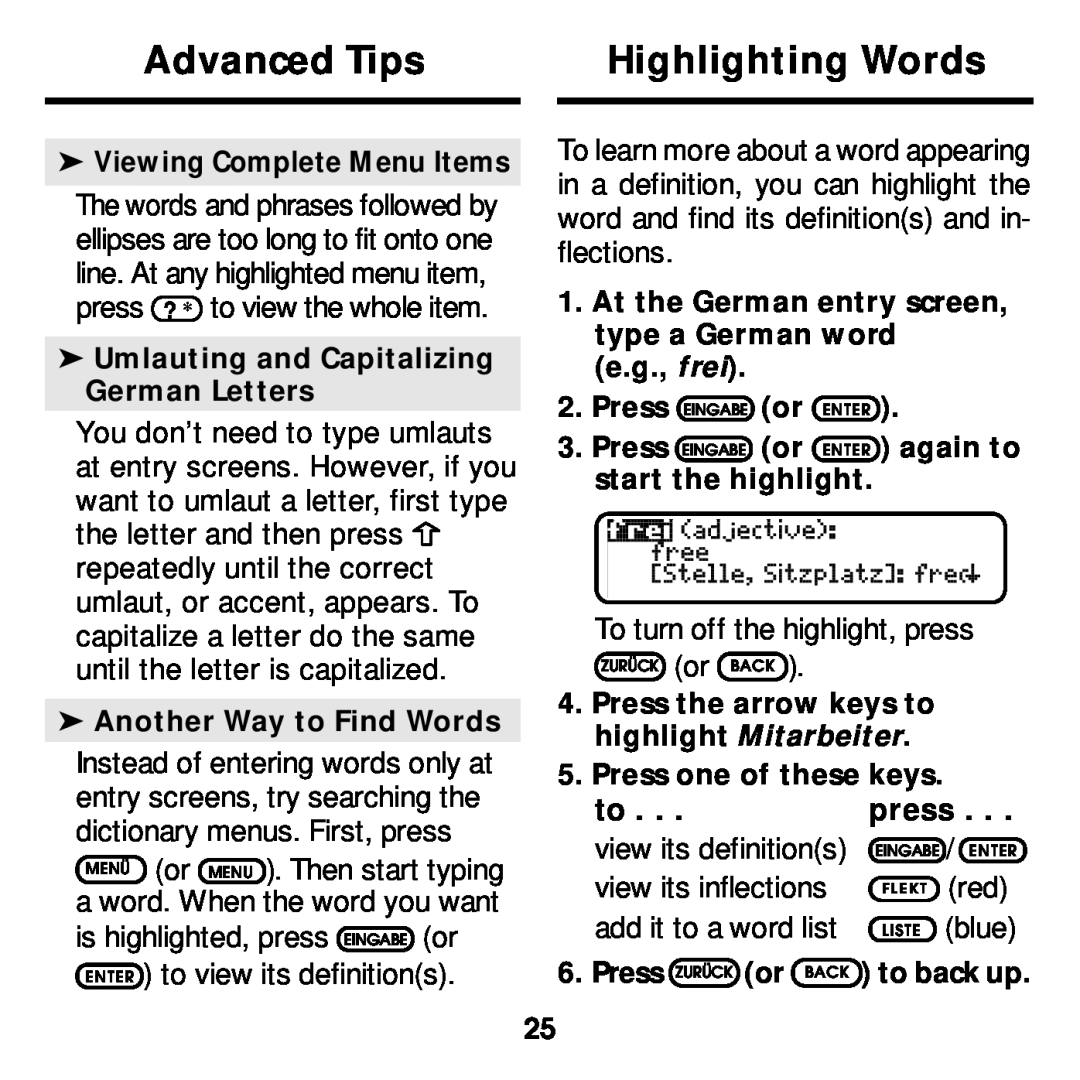 Franklin DBD-2015 manual Advanced Tips, Highlighting Words, to . . . press 