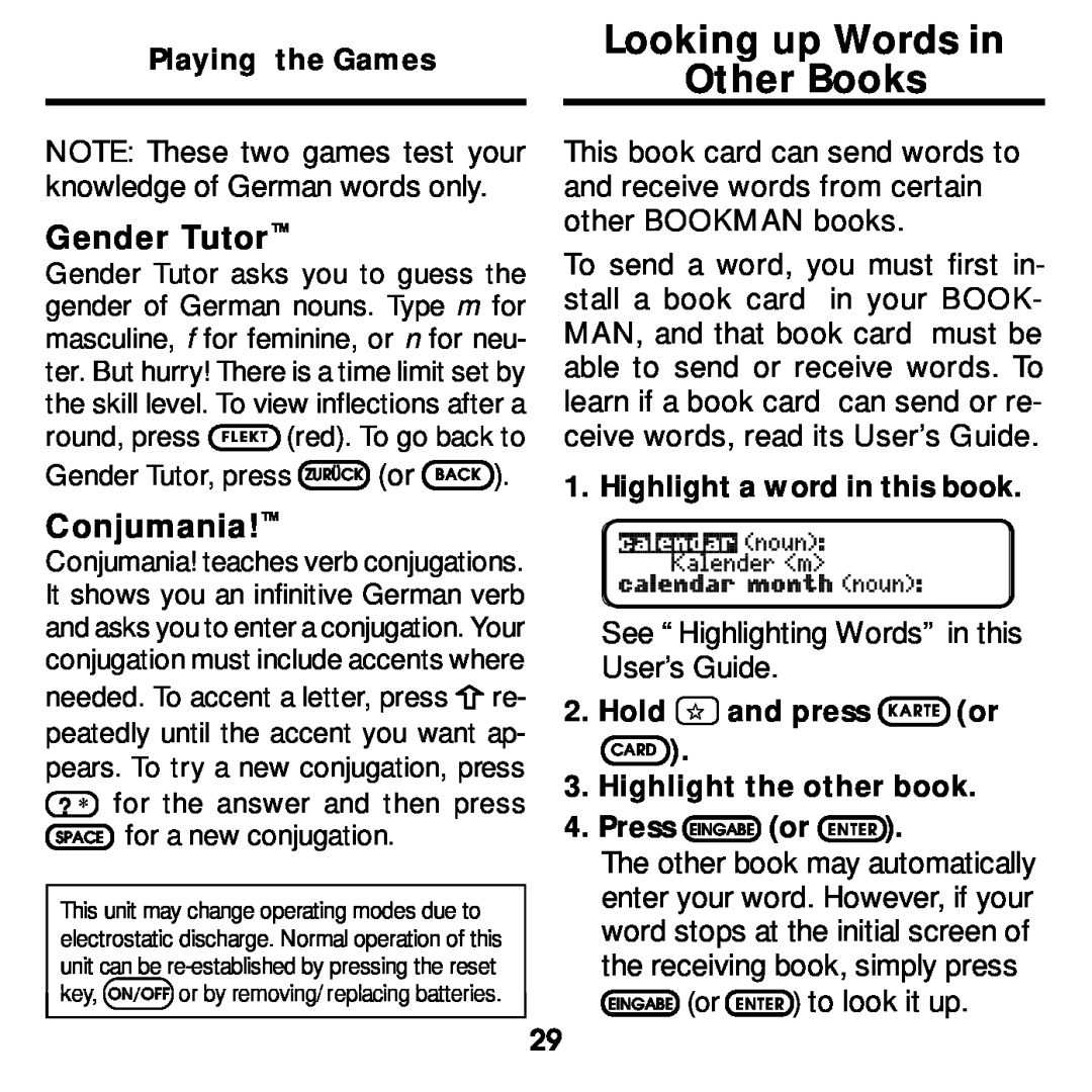 Franklin DBD-2015 manual Looking up Words in Other Books, Playing the Games, Gender Tutor, press ZURÜCK or BACK 