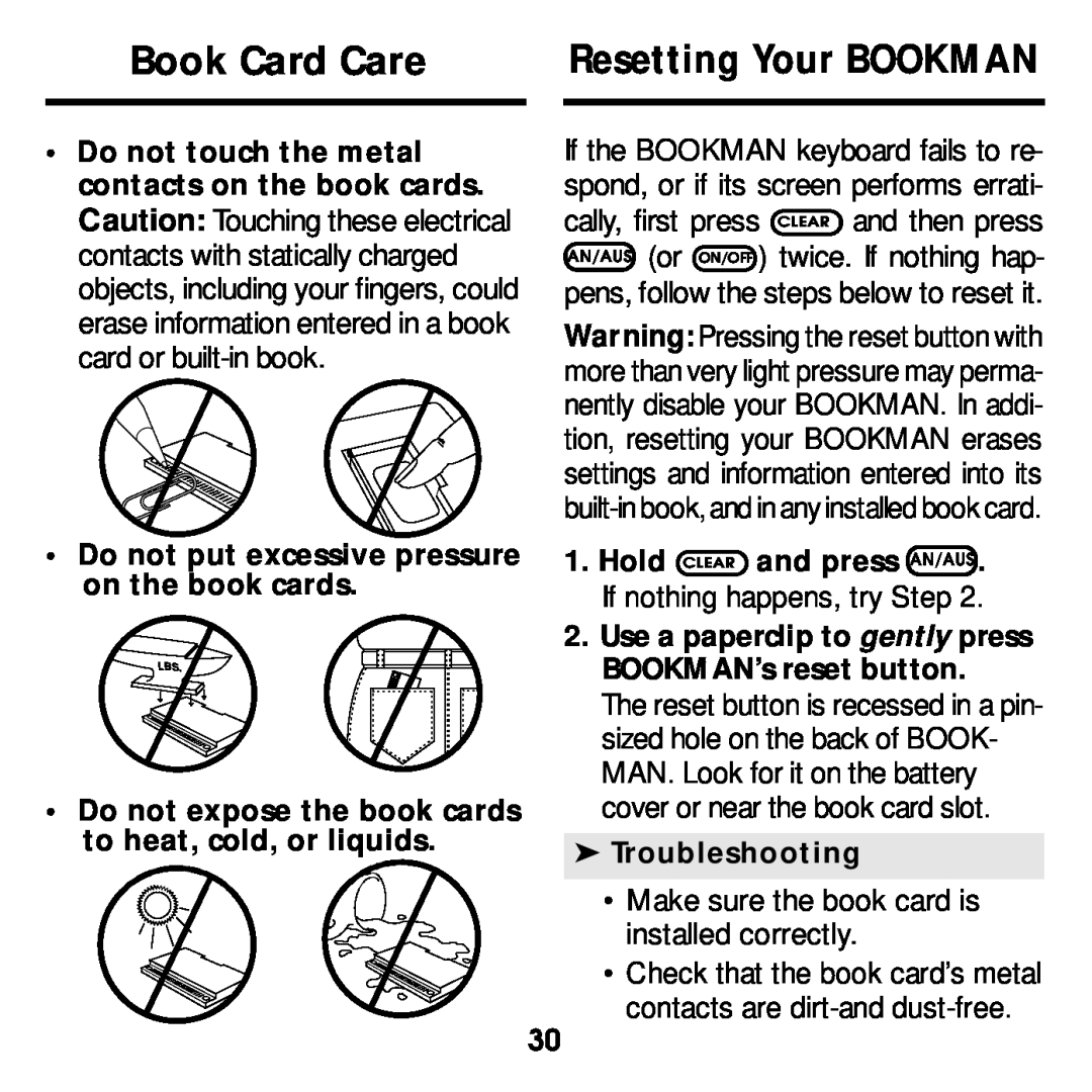 Franklin DBD-2015 Book Card Care, Resetting Your BOOKMAN, Do not put excessive pressure on the book cards, Troubleshooting 