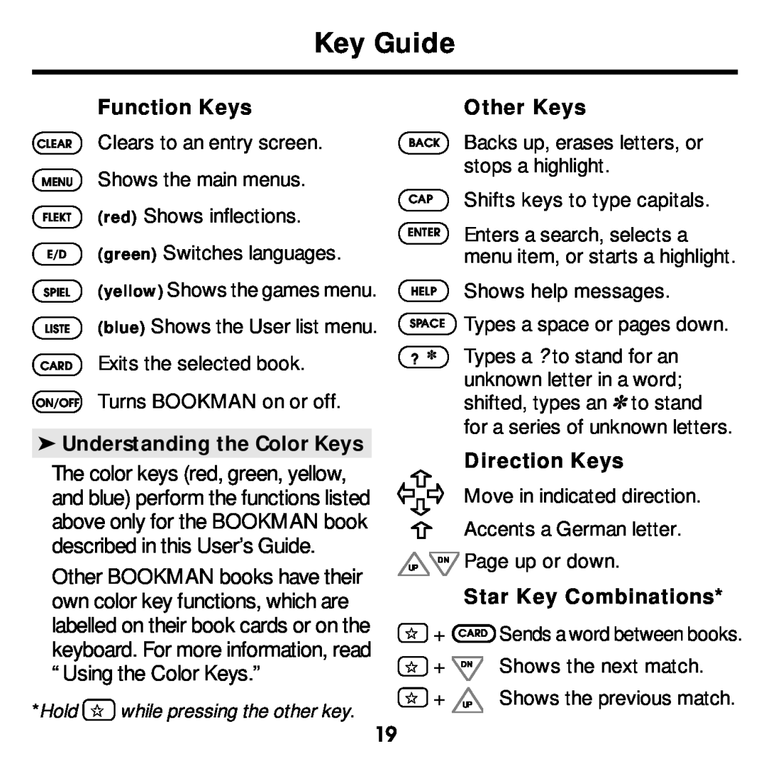 Franklin DBD-2015 manual Key Guide, Function Keys, Understanding the Color Keys, Other Keys, Direction Keys 