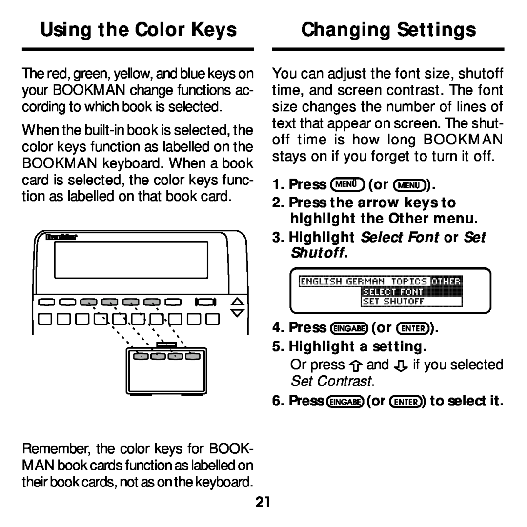Franklin DBD-2015 manual Using the Color Keys, Changing Settings, Set Contrast, Press MENÜ or MENU 