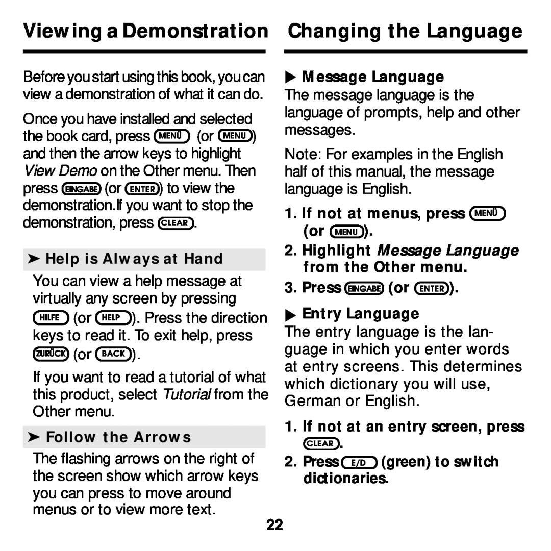 Franklin DBD-2015 manual Viewing a Demonstration, Changing the Language, Help is Always at Hand, Follow the Arrows 