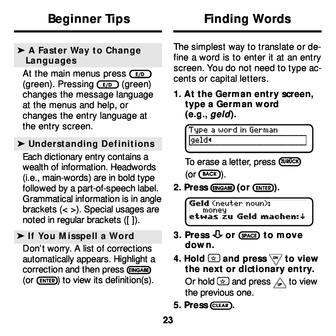 Franklin DBD-2015 manual Beginner Tips, Finding Words 
