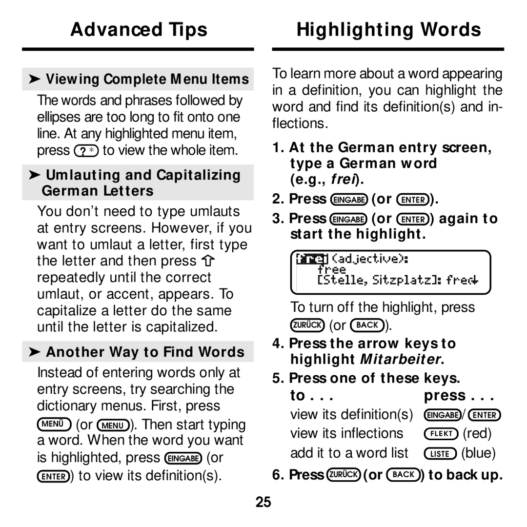 Franklin DBD-2015 manual Advanced Tips Highlighting Words, To . . . press 