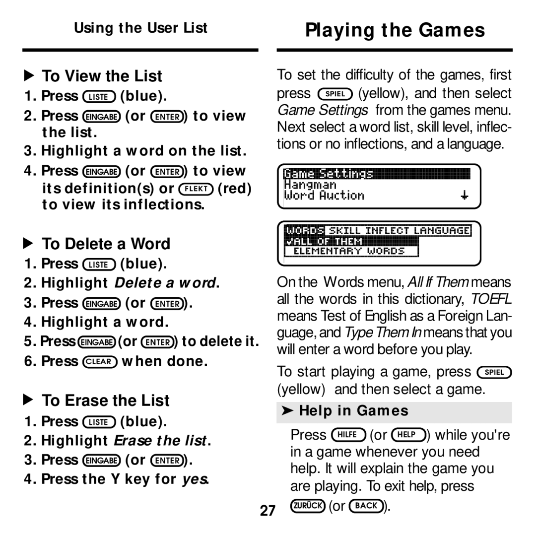 Franklin DBD-2015 manual Playing the Games, To Erase the List, Help in Games, Press the Y key for yes 