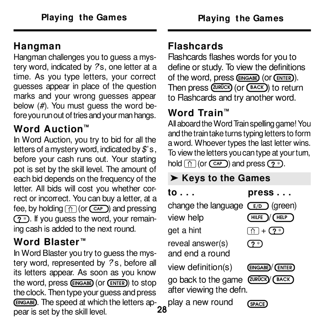 Franklin DBD-2015 manual Hangman, Word Auction, Flashcards, Word Train, Keys to the Games To . . . press, Word Blaster 