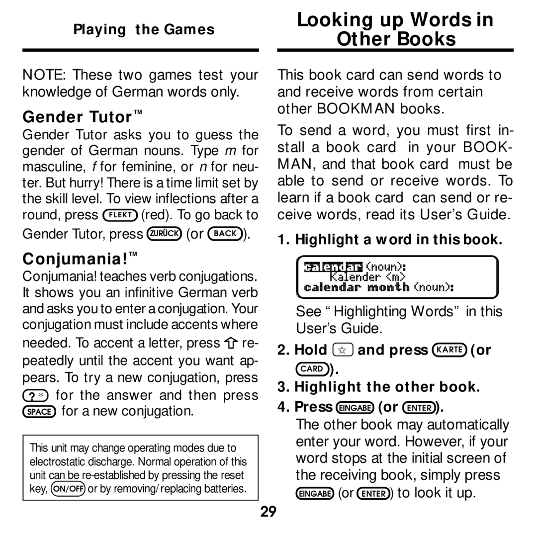 Franklin DBD-2015 manual Looking up Words Other Books, Gender Tutor, Conjumania 